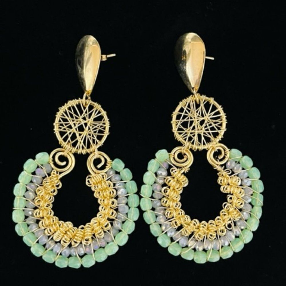 Hoop Drop Dangle Earrings Gold Tone Micro Bead 3" Excellent Condition